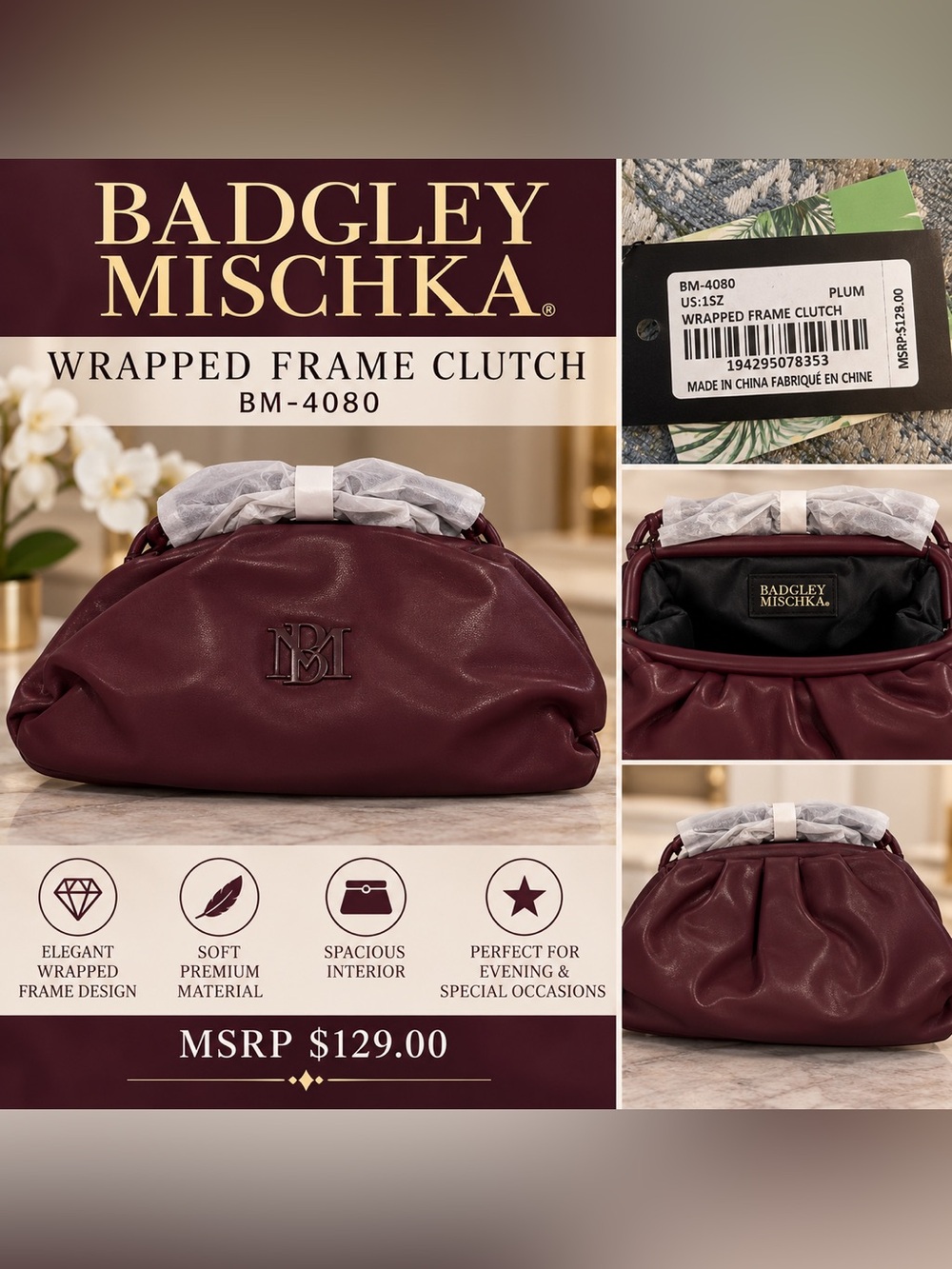 Badgley Mischka Wrapped Frame Clutch – Plum – New With Tags